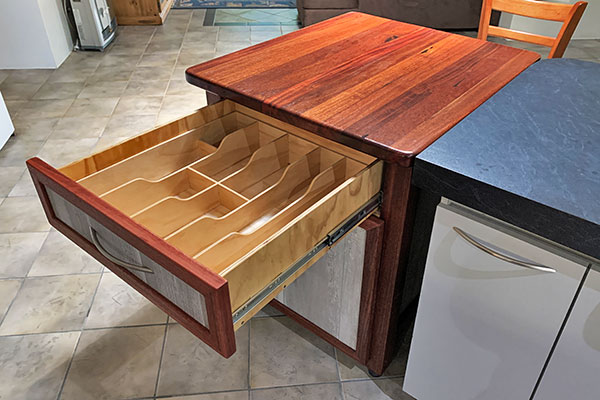 Timber kitchen counter extension with storage drawer