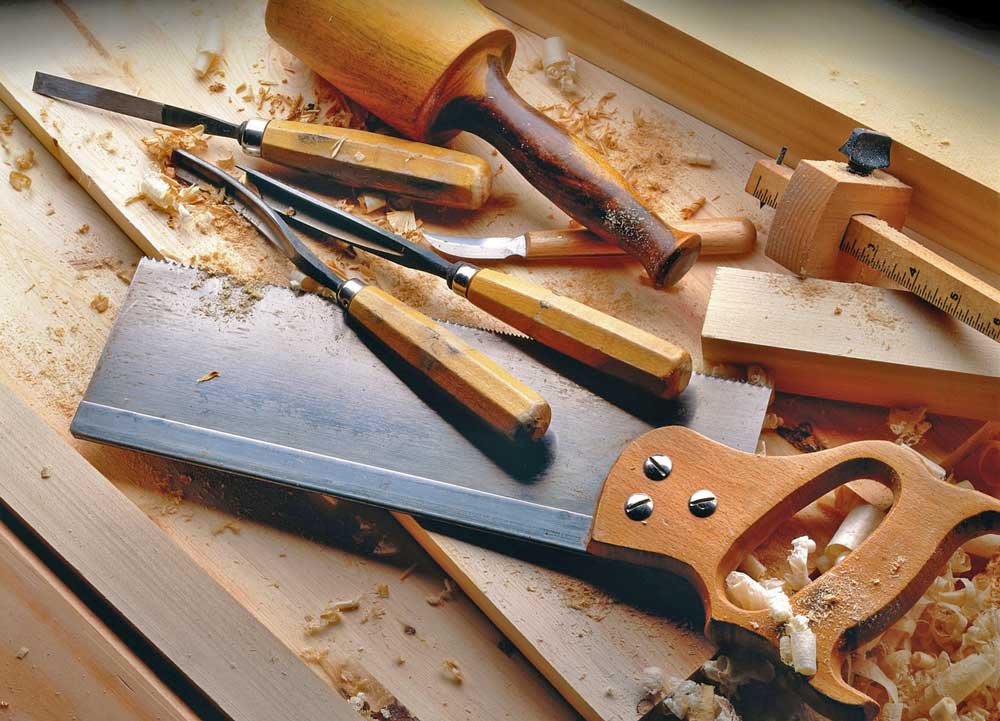 photo of woodworking tools on a workbench
